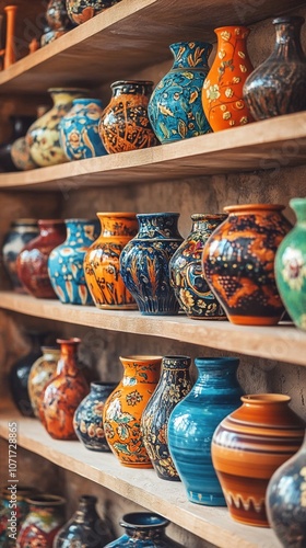 Vibrant collection of handcrafted ceramic vases and pots adorning wooden shelves, showcasing intricate patterns and a rich palette of blues, oranges, and turquoise.