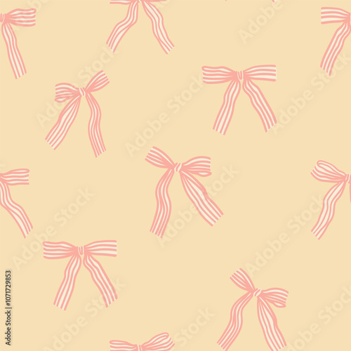 Vector seamless pattern with colorful striped satin bow knots. Hand drawn repeated illustration with coquette vintage narrow ribbon bows. Concept of celebration, holiday, party decoration, gift.