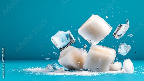 Sugar Cubes and Ice Cubes Falling on Blue Background photo