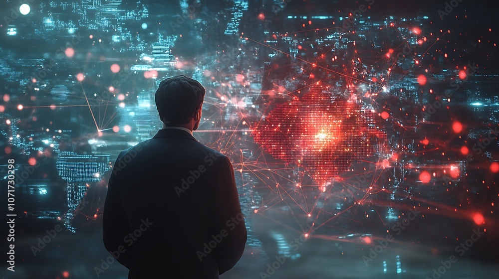 Businessman using AI and smart technology, with futuristic data icons and global connectivity lines in a high-tech environment Businessman using AI and smart technology, with futuristic data icons and global connectivity lines in a high-tech environment