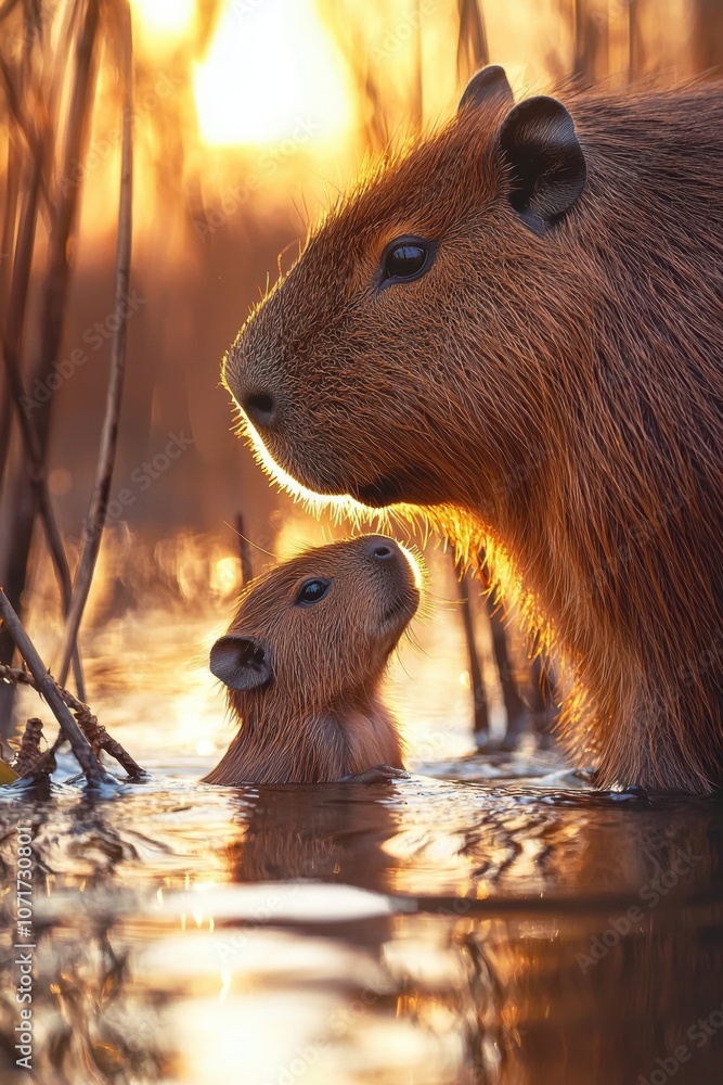 Capybara Mother's Gentle Guidance Through Serene Wetland Waters Capybara Mother's Gentle Guidance Through Serene Wetland Waters