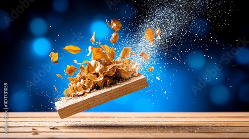 Autumn Leaves Explosion on Wood Plank with Blue Background