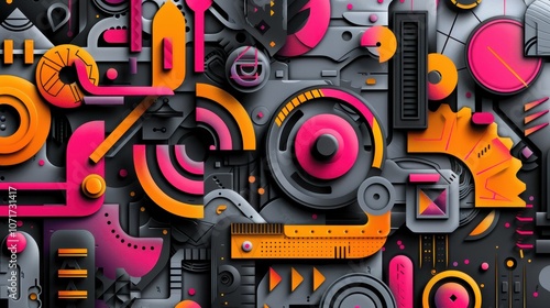 Abstract geometric design featuring vibrant colors and intricate shapes.