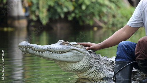 Man Gently Touches Crocodiles Head in Water