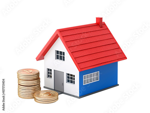 a house with a red roof and gold coins