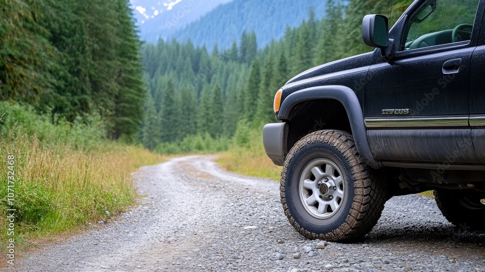 Obraz premium Black pickup truck poised at the edge of a mountain trail under the soft glow of early morning sunlight