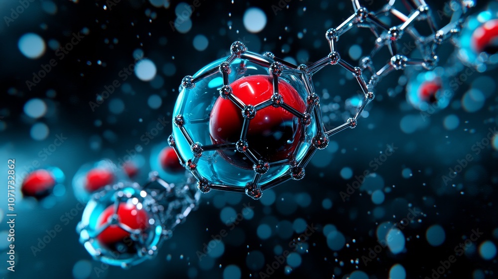 Fototapeta premium 3D Rendering of Molecular Structure with Red Atoms and Blue Background