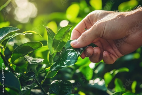 Hand-picking tea leaves from the garden, a close-up of a hand holding green