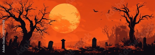 Halloween background with spooky graveyard, old trees, orange color palette, vector illustration, flat design, high-resolution, detailed. photo