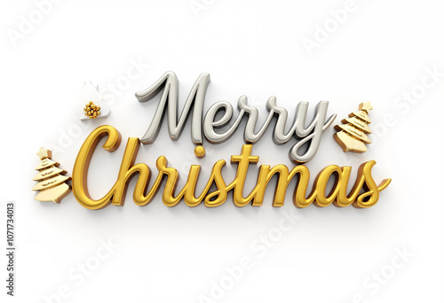 Elegant golden 3D text of 'Merry Christmas' with christmast tree and christmas stuff decorative isolated on white background