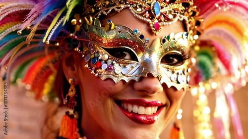 Vibrant carnival-themed woman wearing an ornate mask