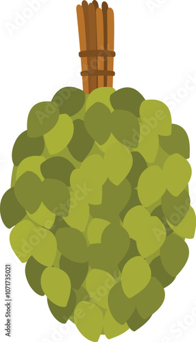 Cartoon bath broom made of green leaves, tied with a rope, isolated on white background, represents sauna tradition
