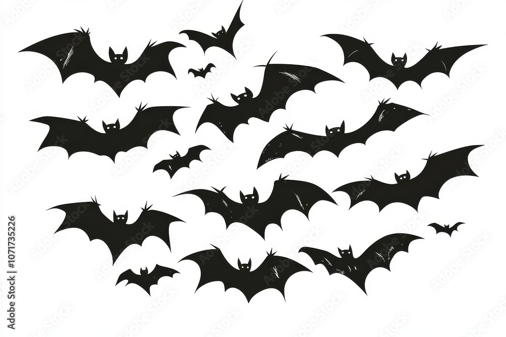 Naklejka premium Vector sticker of black bats flying in silhouette against solid white background.