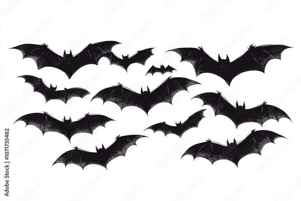 Vector sticker of black bats flying in silhouette against solid white background. Vector sticker of black bats flying in silhouette against solid white background.