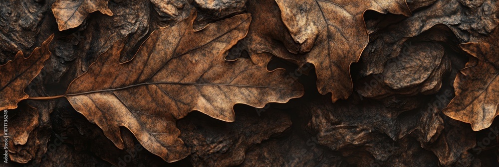 A close-up of oak leaves with intricate veins and earthy brown tones, showcasing nature's beauty and the cycle of seasons. The image symbolizes fall, transition, growth, decay, and renewal. A close-up of oak leaves with intricate veins and earthy brown tones, showcasing nature's beauty and the cycle of seasons. The image symbolizes fall, transition, growth, decay, and renewal.