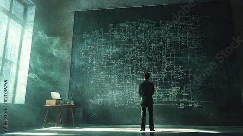 A mathematician standing before a large chalkboard filled with intricate equations and diagrams. photo