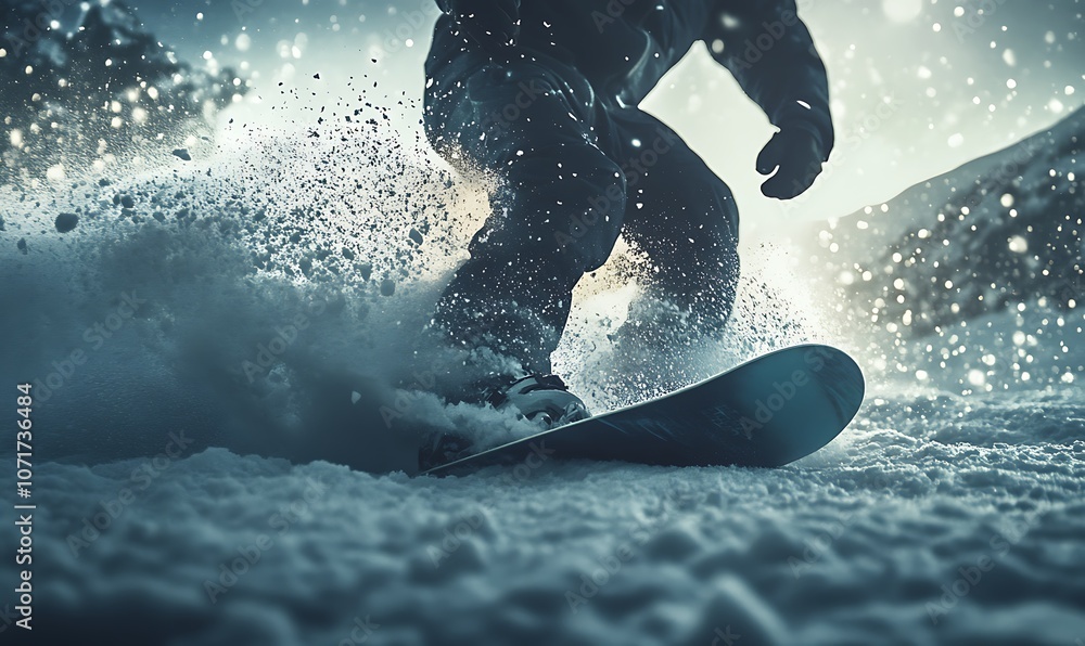 Naklejka premium A snowboarder carving through fresh snow amidst a winter landscape.