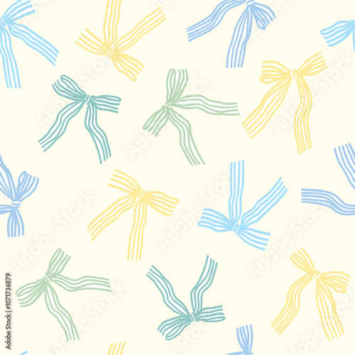 Vector seamless pattern with colorful striped satin bow knots. Hand drawn repeated illustration with coquette vintage narrow ribbon bows. Concept of celebration, holiday, party decoration, gift.