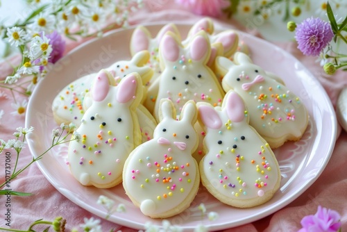 Bunny-Shaped Sugar Cookies on a Pastel Plate. AI generativ