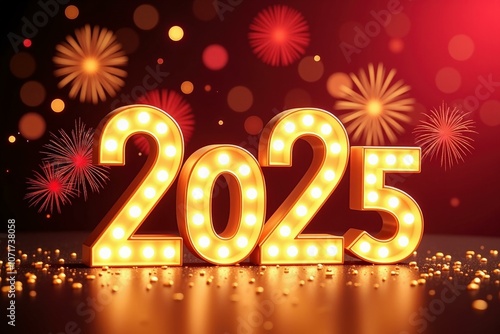 Celebrate the New Year 2025 with Vibrant Fireworks and Golden Illumination, Perfect for Greeting Cards and Invitations