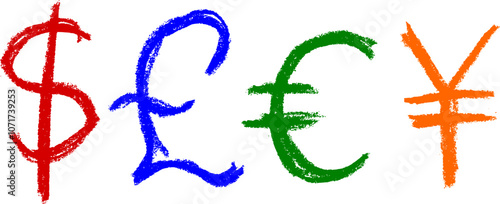Currency Dollar Pound Euro Yen Symbol Crayon Chalk Drawing Vector Set