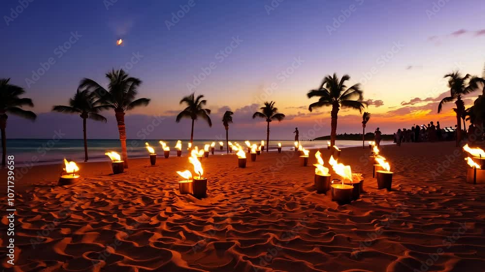 Camera tracking video of tiki torches at a Polynesian festival on a tropical beach at sunset with gobo lighting, flickering flames, and gentle waves