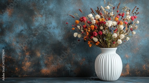 Wallpaper Mural An elegant white vase is placed on the right, paired with a large bouquet of dried flowers and a dark background. The delicate texture of dried flowers contrasts sharply with the dark background Torontodigital.ca