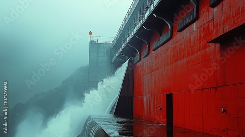 Side View of a Hydroelectric Dam Releasing Water in a Dramatic Scene with Fog and Vibrant Red Color, Capturing the Power of Nature and Engineering Together photo