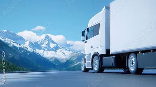 A white semi-truck rests at a scenic mountain overlook on a bright sunny day, capturing the rugged beauty of nature and adventure photo