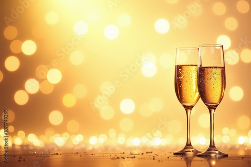 Celebrate in Style with Elegant Champagne Flutes against Golden Bokeh Background, Perfect for New Year's Eve or Special Occasions photo