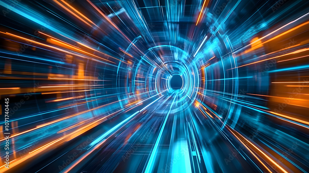 Obraz premium Futuristic digital tunnel with vibrant blue and orange lights, representing advanced technology and innovation.