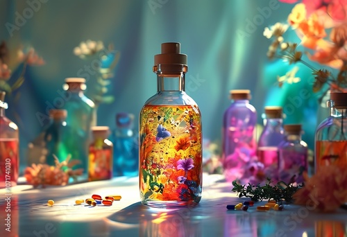 Colorful glass bottle field with vibrant liquid and flowers on a table surrounded by illuminated yars in a soft light	 photo