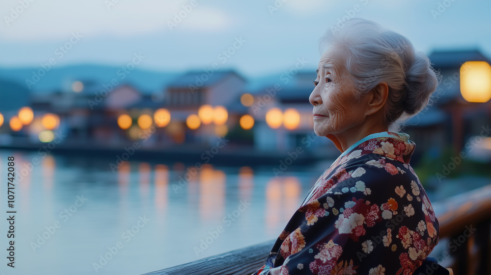 Fototapeta premium 銀髪の女性が見つめる灯りの町と海