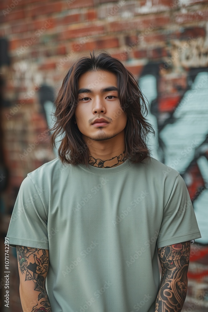 Naklejka premium Stylish urban portrait of a young man with tattoos against a graffiti wall