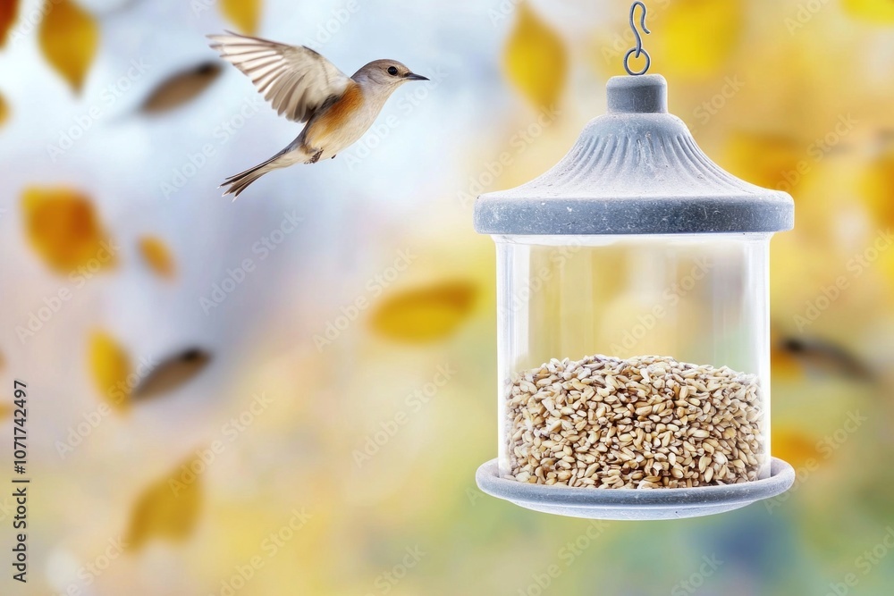 Naklejka premium Bird fluttering near feeder with sunflower seeds on autumn day