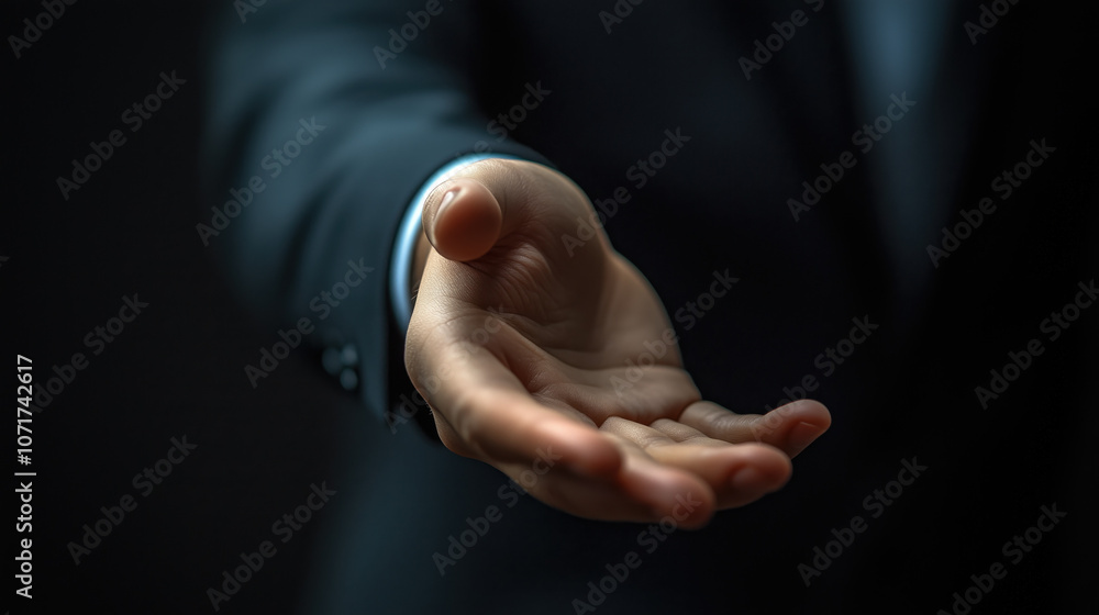 Fototapeta premium man in black suit extends his hand in welcoming gesture
