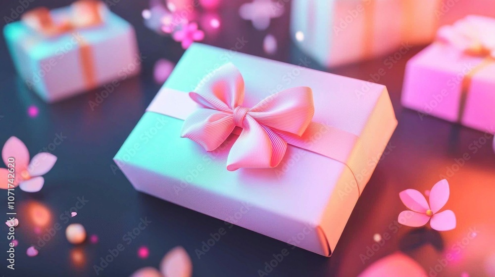 Elegant gift box with ribbon amidst colorful blossoms and soft lighting Elegant gift box with ribbon amidst colorful blossoms and soft lighting