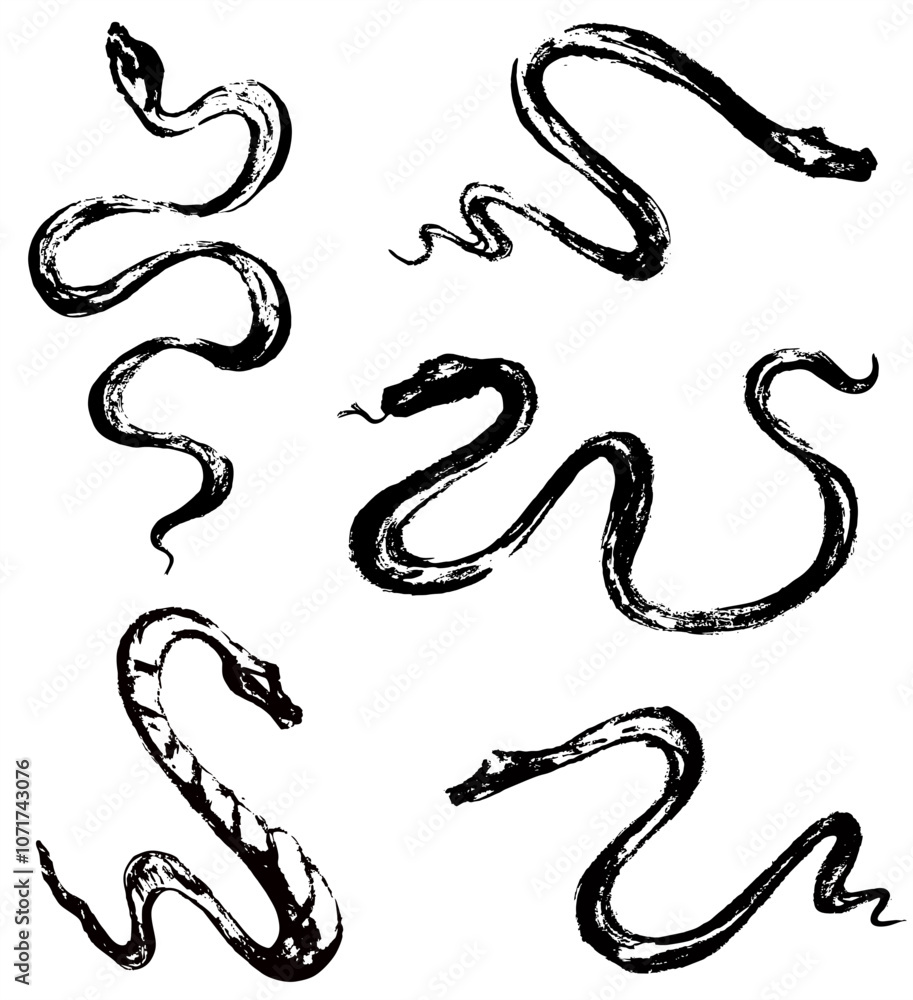 Obraz premium Snakes set. Ink hand drawn animal. Illustration of a Japanese-style snake drawn with a brush. Brushwork. Chinese new year symbol. Asian lunar calendar beast. Silhouette