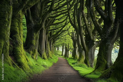 Secluded forest path lined with tall, moss-covered tree. Generative AI