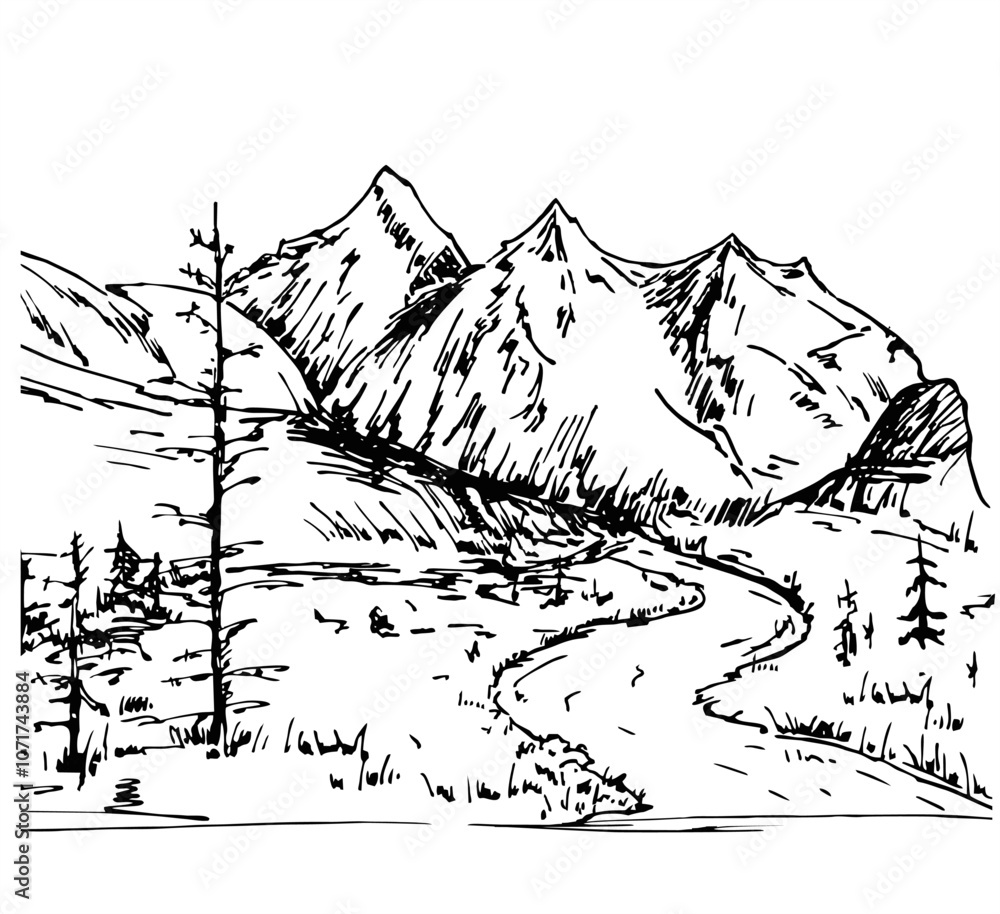 Mountain landscape with trees. Outdoor and hiking concept. Hand drawing mountain panorama. Sketch Mountain landscape with trees. Outdoor and hiking concept. Hand drawing mountain panorama. Sketch