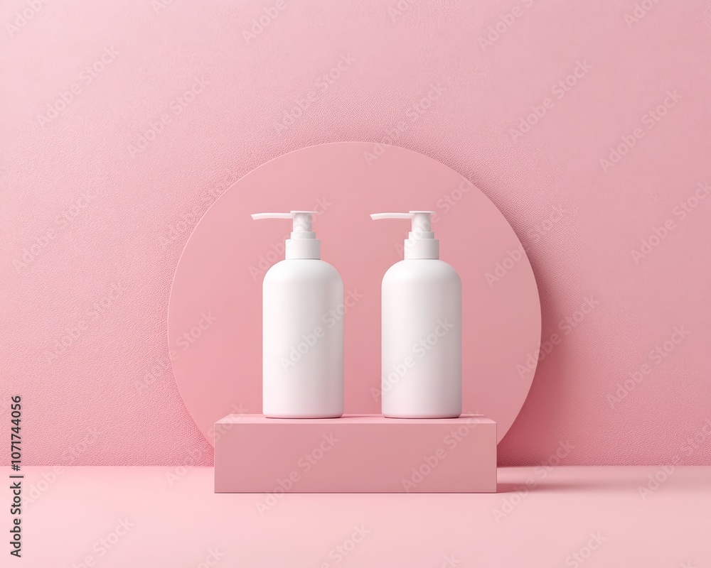 Blank mockup of two pump bottles on a pink background with a semi circle platform . Blank mockup of two pump bottles on a pink background with a semi circle platform .