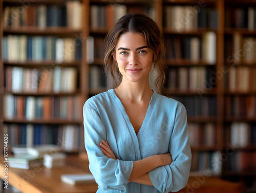 onfident woman standing in a library with arms crossed, smiling photo