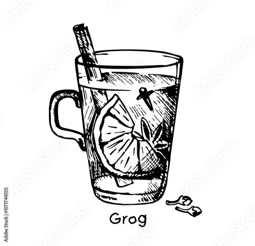 Hot grog cocktail. Hand-drawn sketch style Christmas winter or autumn warm drink in a coupe glass garnished with cloves and lemon zest twist. Hot mulled wine for Christmas and winter