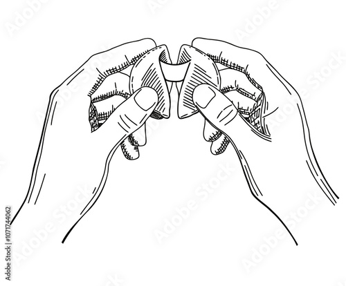 Fortune cookies sketch vector designed. Fortune cookies in hands. Person holding and open luck biscuit. Good day forecasting, traditional. Chinese sweet cookie with predictions of future