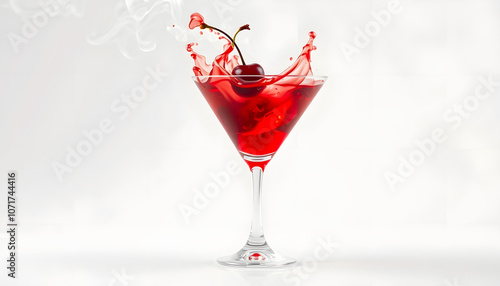 Swirls of smoke from a red cocktail in a martini cup. Cherry falling into a splashing and smoky drink isolated on white with space for text and images highlighted by white, png