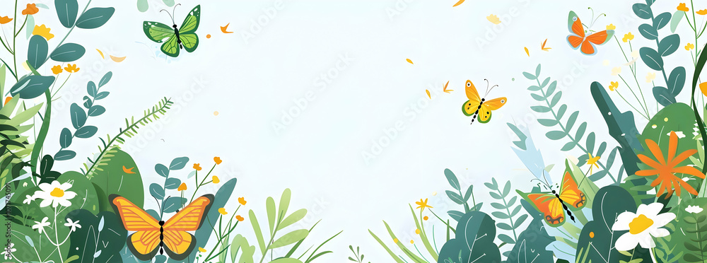 Fototapeta premium Flat design illustration of a garden, with butterflies and caterpillars