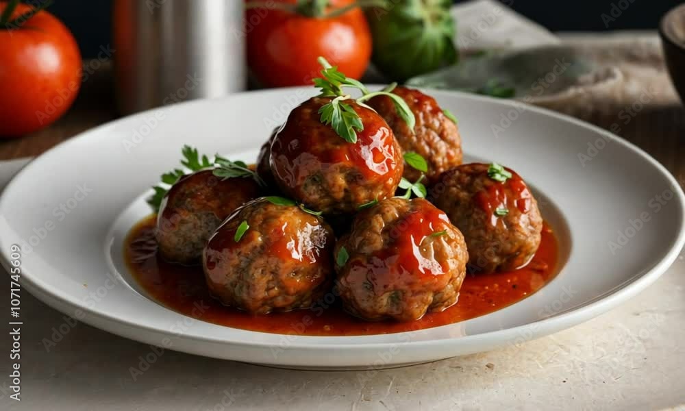 Close-up of meatballs in tomato sauce, garnished with herbs, and served on a plate. Close-up of meatballs in tomato sauce, garnished with herbs, and served on a plate.