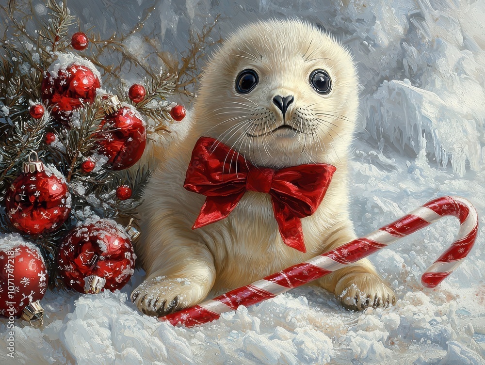 Fototapeta premium Adorable baby seal pup wears red velvet bow with jingle bells for a festive winter look