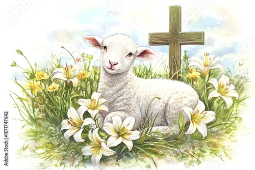 A lamb is laying in a field of flowers next to a cross