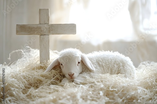 A lamb is laying on a hay bed next to a cross
